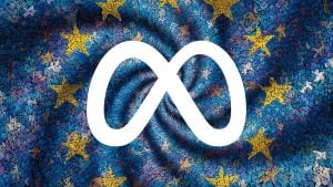 White Meta/Infinity logo over a swirling mosaic-style European Union flag with yellow stars on a blue textured background