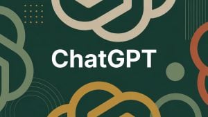 ChatGPT logo text centered on a dark green background with overlapping abstract circular shapes in beige, mustard, sage, and rust colors