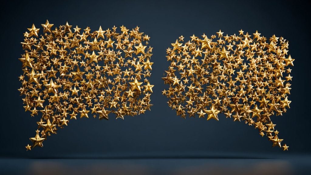Two clusters of floating metallic gold stars forming mirror speech-bubble shapes against a dark blue background