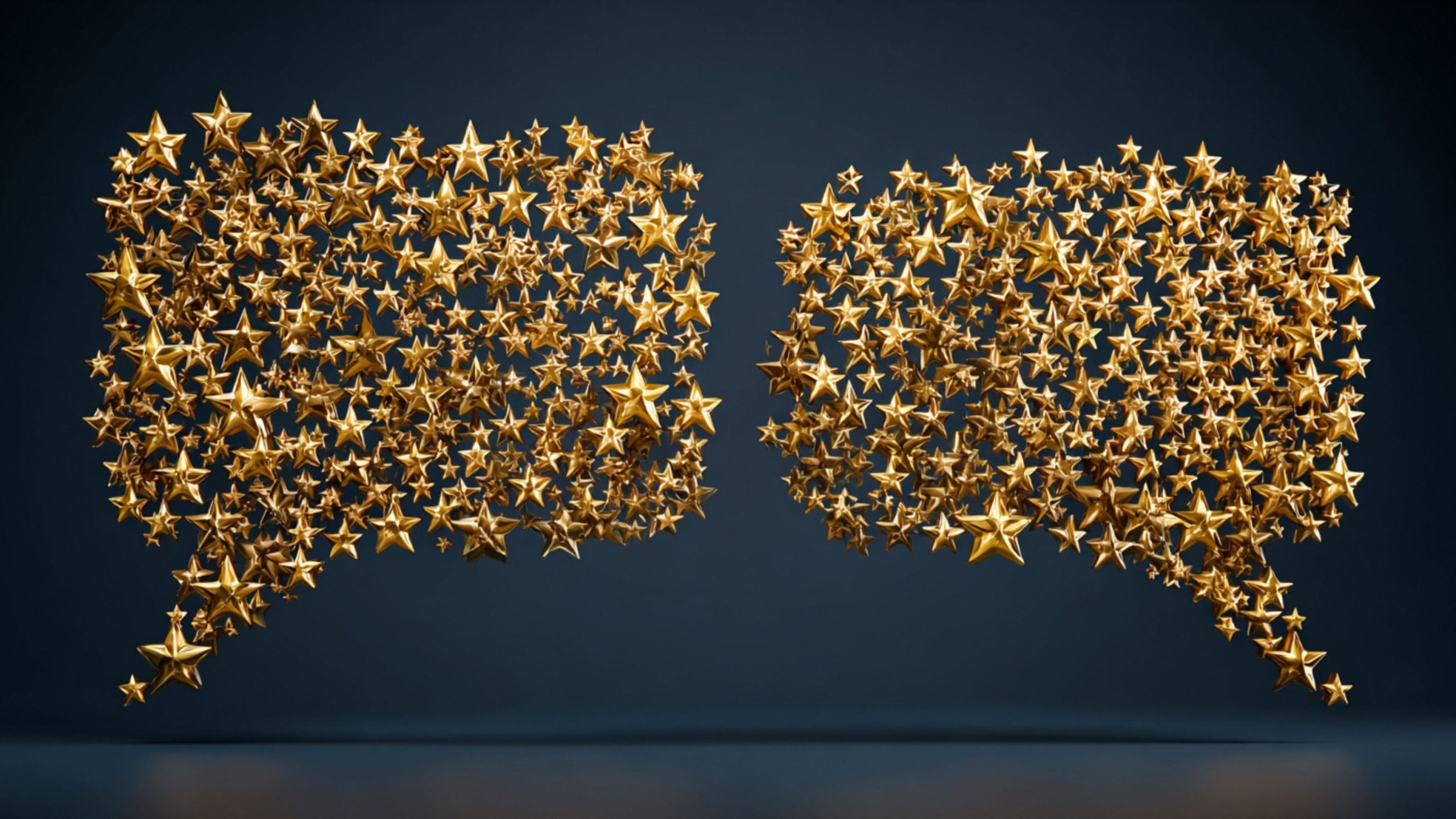 Two clusters of floating metallic gold stars forming mirror speech-bubble shapes against a dark blue background