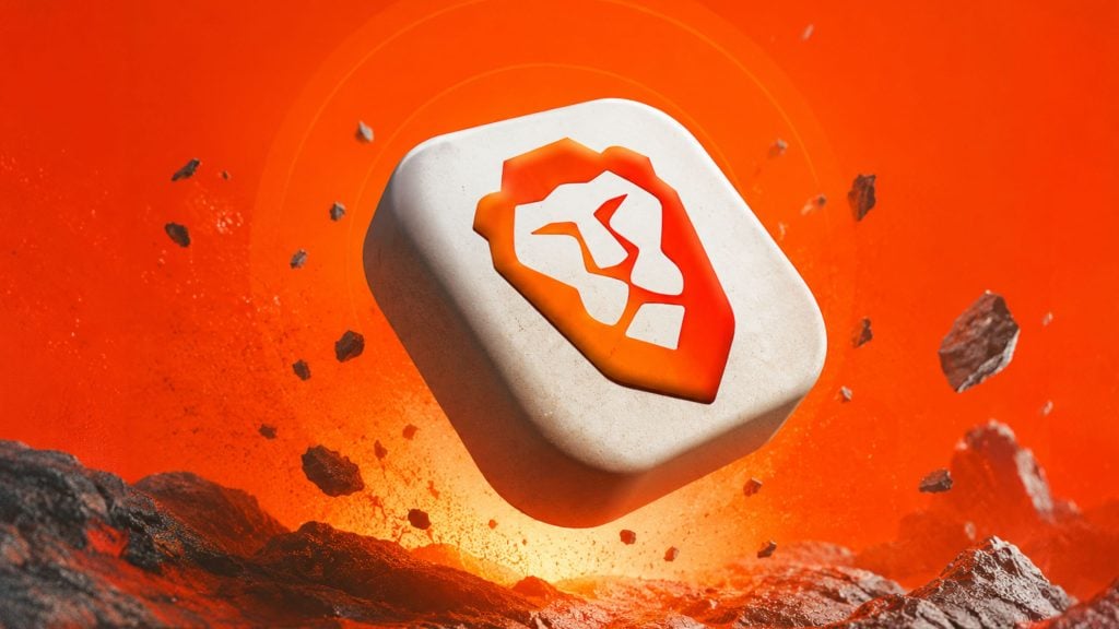 Floating white app-style cube with an orange stylized lion head emblem over a fiery, rocky orange background