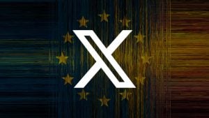 Bold white stylized "X" logo centered over a dark, vertically streaked European Union flag with yellow stars and multicolored glitch-like lines.