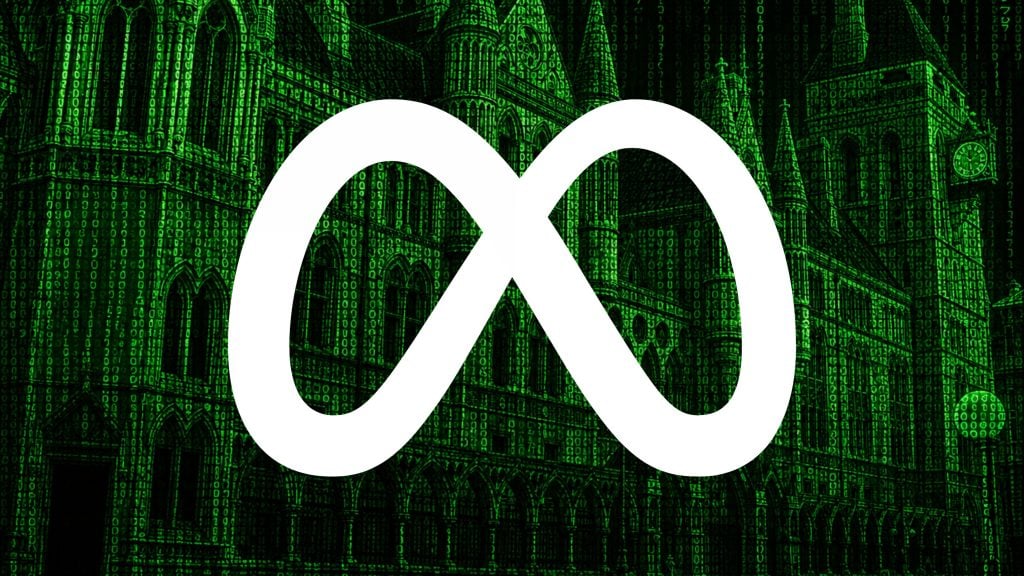 White Meta infinity logo over a green digital-matrix textured Gothic cathedral outline background.