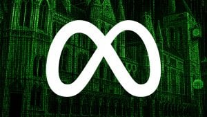 White Meta infinity logo over a green digital-matrix textured Gothic cathedral outline background.