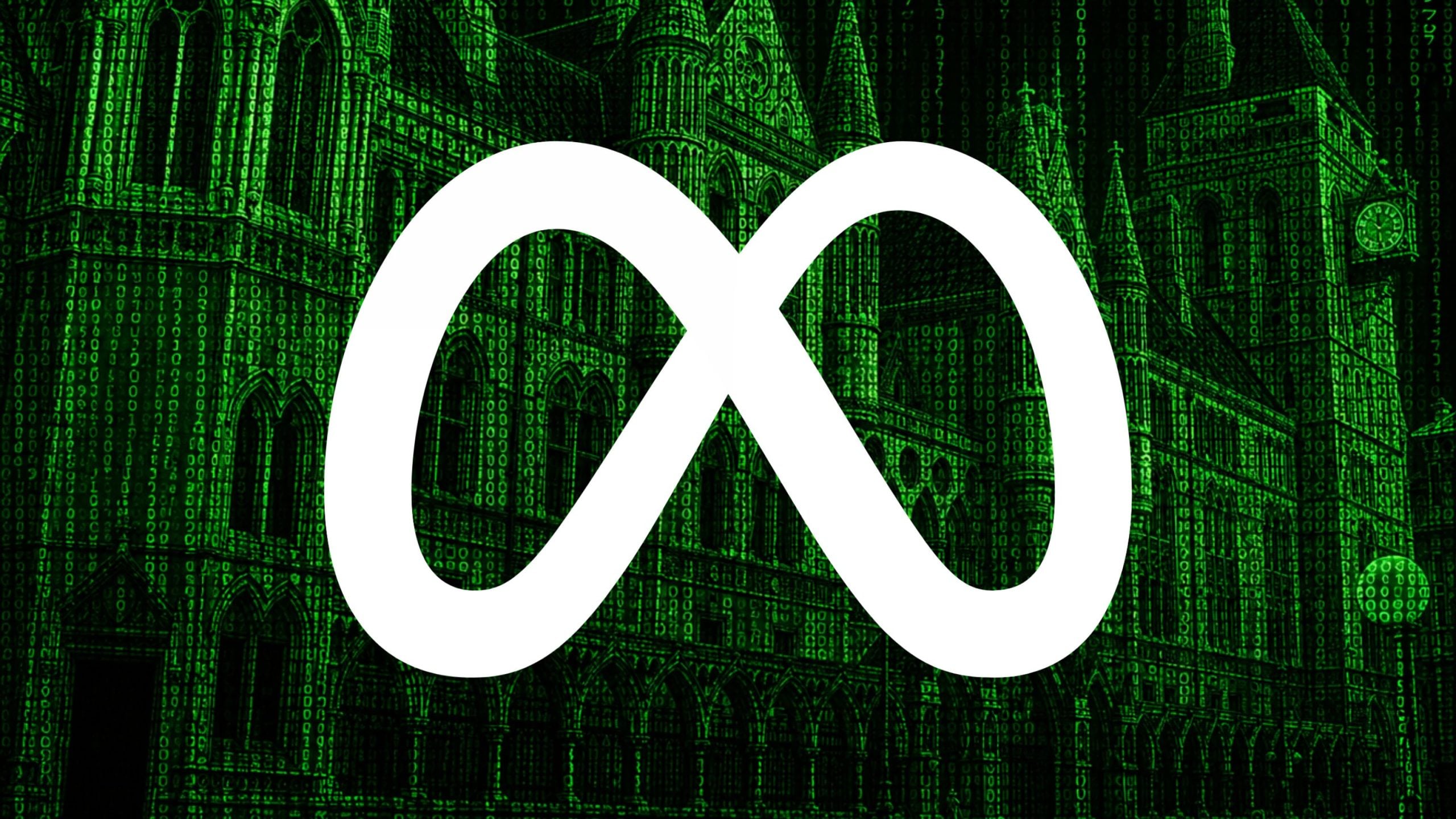 White Meta infinity logo over a green digital-matrix textured Gothic cathedral outline background.