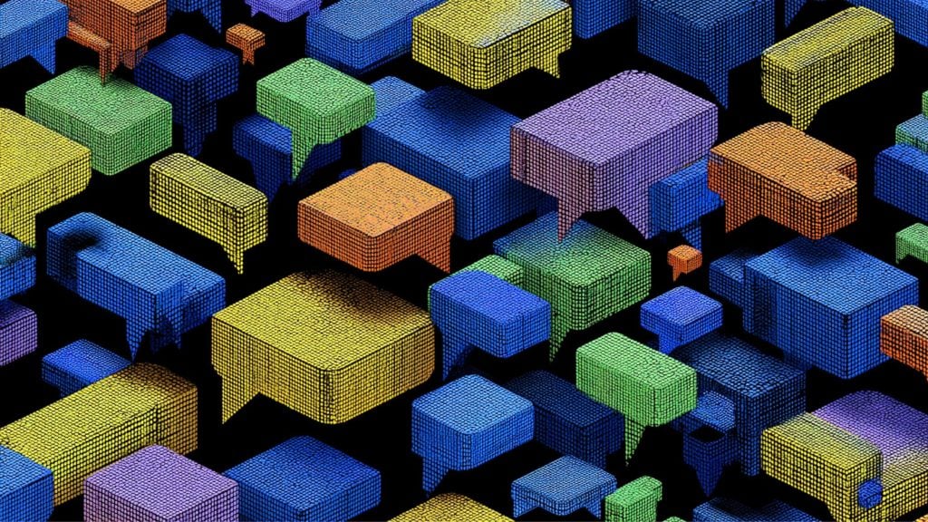 Colorful 3D speech bubbles made of small textured cubes floating against a black background.