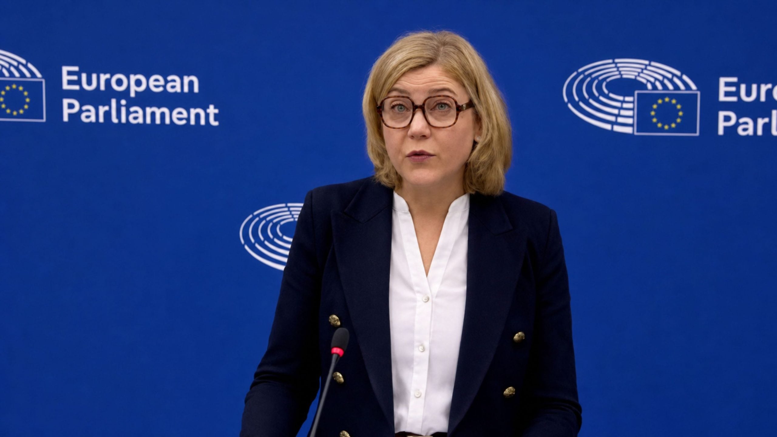 Virkkunen in glasses and a navy blazer speaking at a podium against a blue European Parliament backdrop