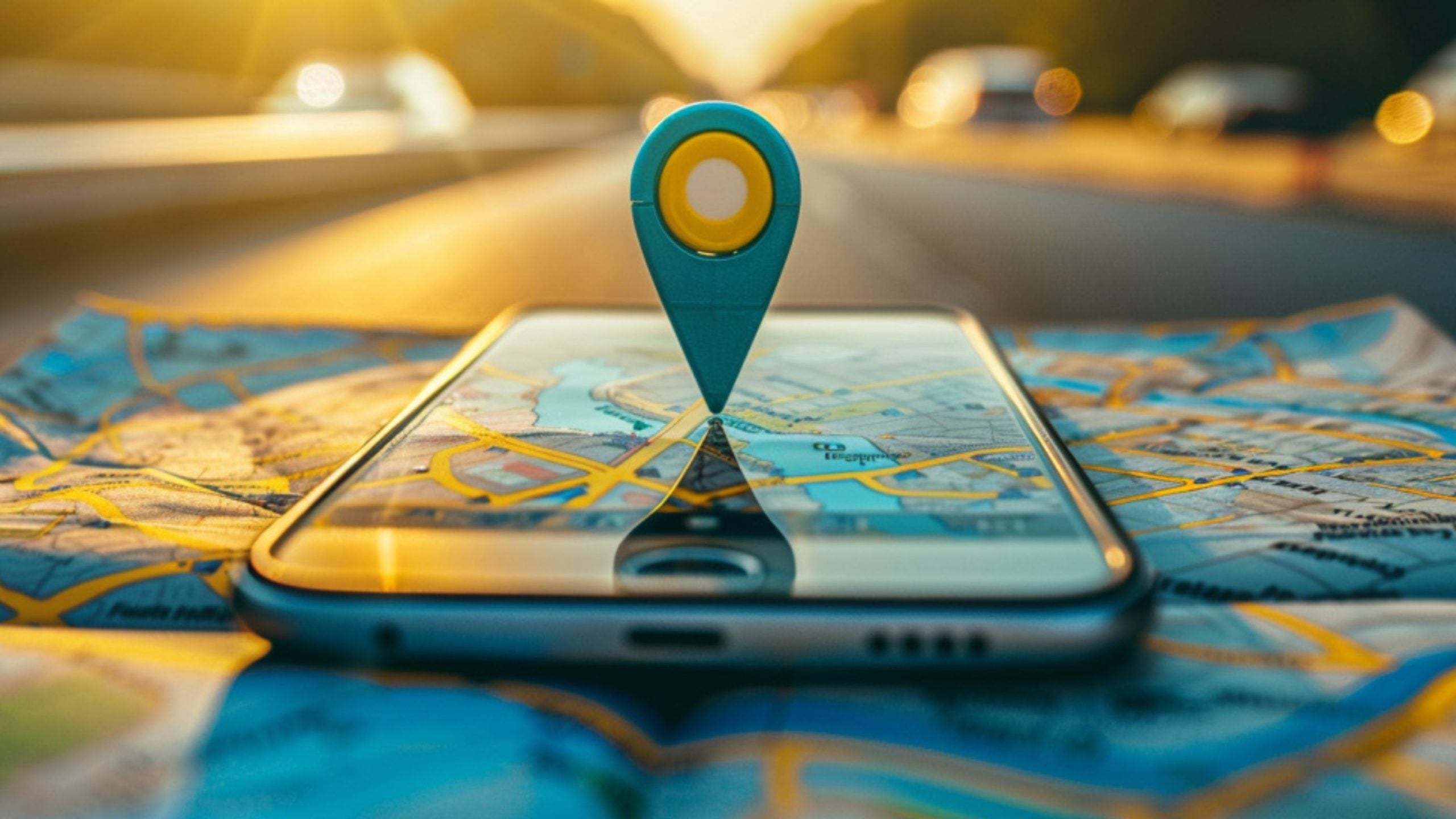 Smartphone on a paper map with a blue and yellow location pin marker stuck on the phone's map screen at sunset.