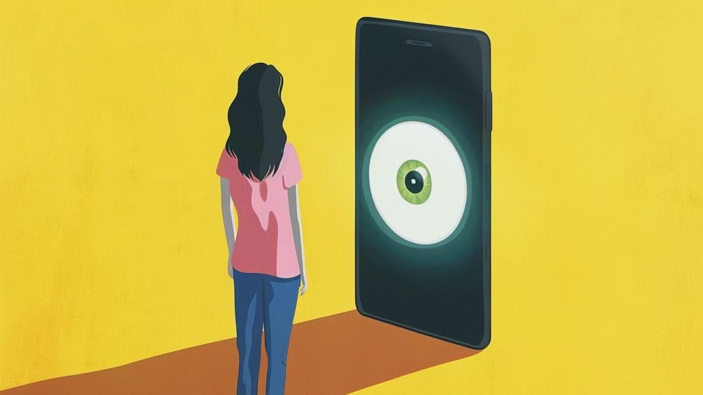 Young woman standing before a giant smartphone screen showing a single green eye, bright yellow background.