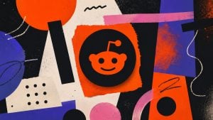 Bold abstract collage with orange Reddit alien logo centered on black circle, surrounded by geometric shapes in purple, pink, and black