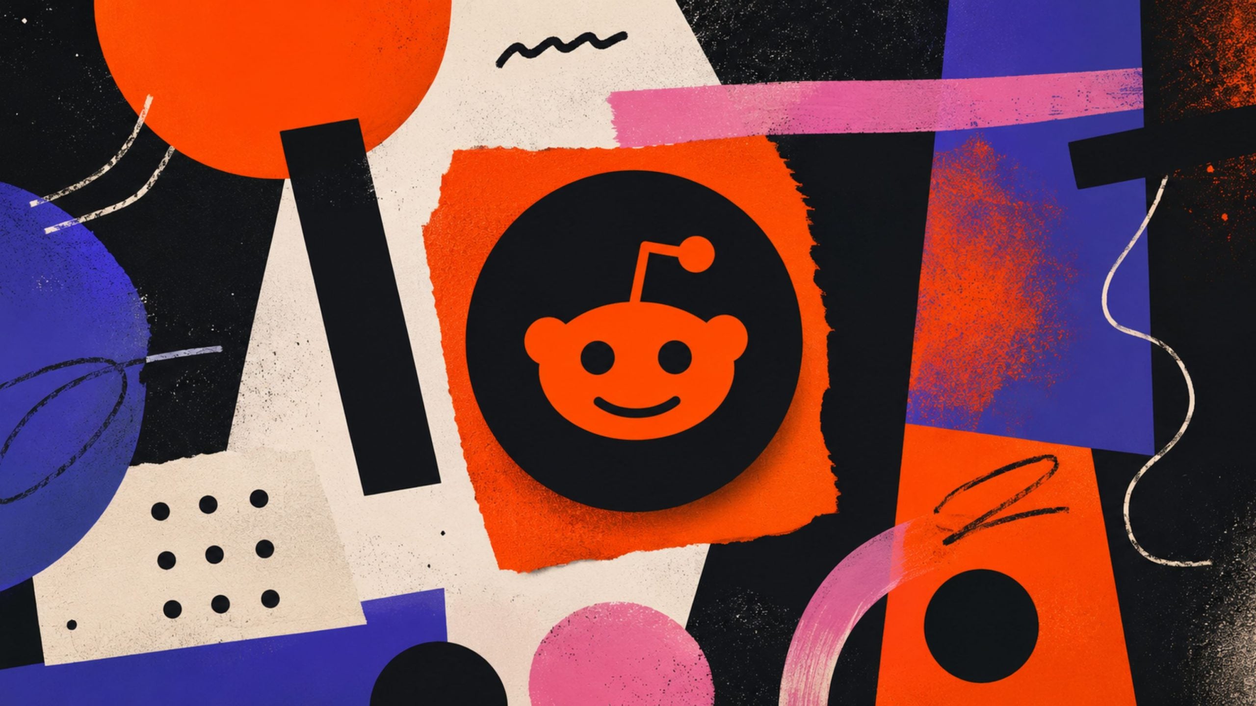 Bold abstract collage with orange Reddit alien logo centered on black circle, surrounded by geometric shapes in purple, pink, and black