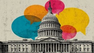 Black-and-white sketch of the U.S. Capitol dome and facade with overlapping colorful speech bubbles (teal, orange, pink, yellow) behind it.