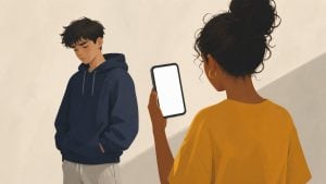 Young woman holding a blank phone screen toward a downcast teenage boy in a dark hoodie, neutral background.