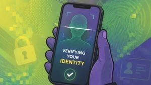 Hand holding smartphone showing facial scan silhouette and text "Verifying your identity" with lock and fingerprint graphics in background