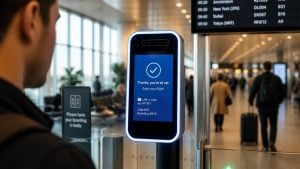 Airport kiosk screen with a blue confirmation message and checkmark, passengers and flight board in blurred background