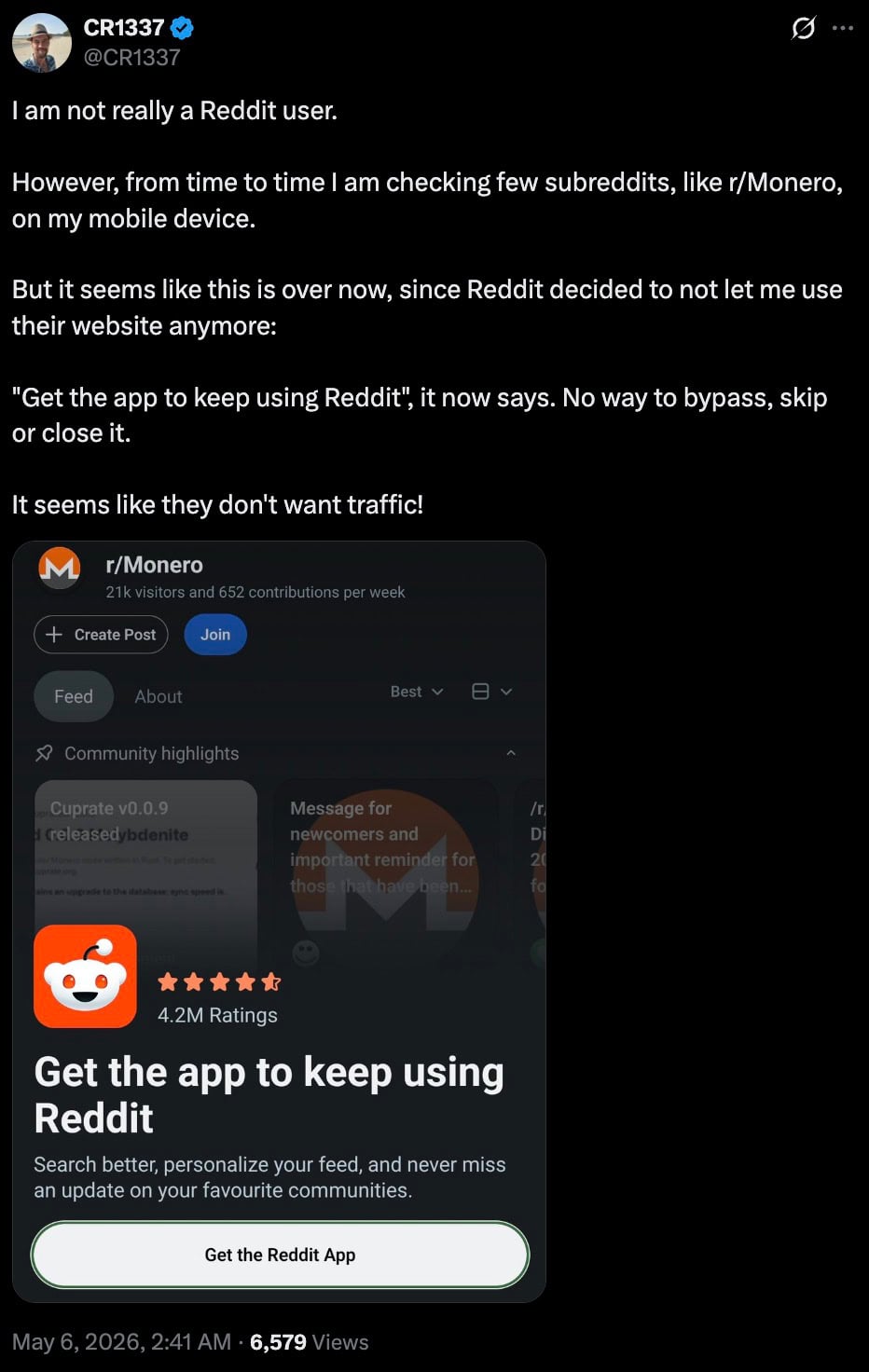 Tweet text about being blocked from Reddit with a screenshot showing a modal: "Get the app to keep using Reddit" and app download button.