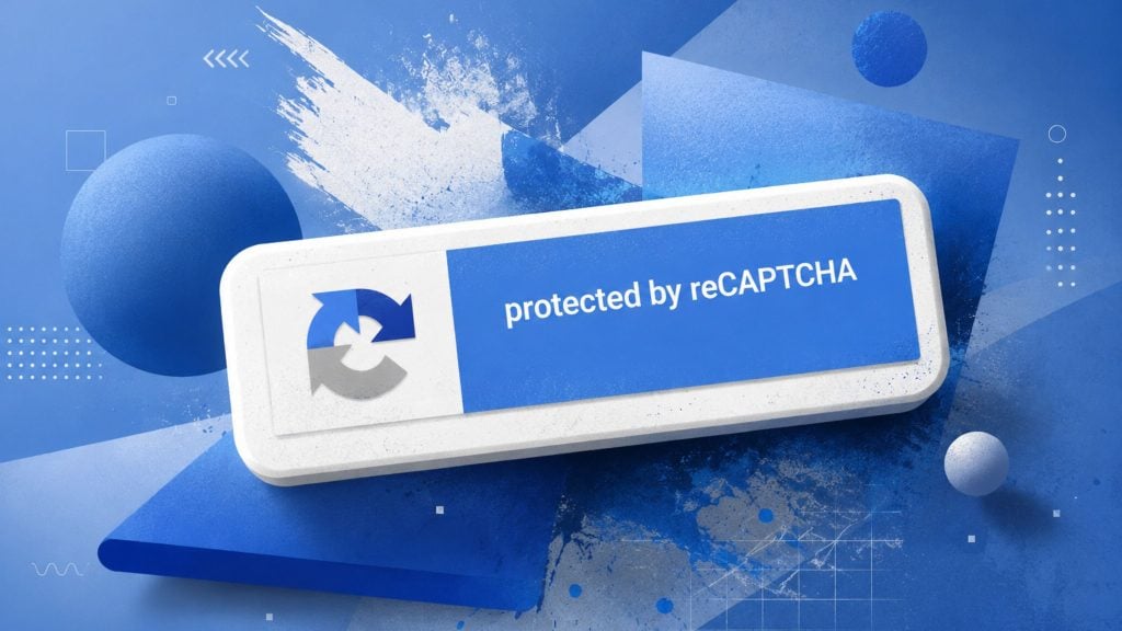 Blue stylized reCAPTCHA badge with circular arrows icon and text reading "protected by reCAPTCHA" on abstract blue background